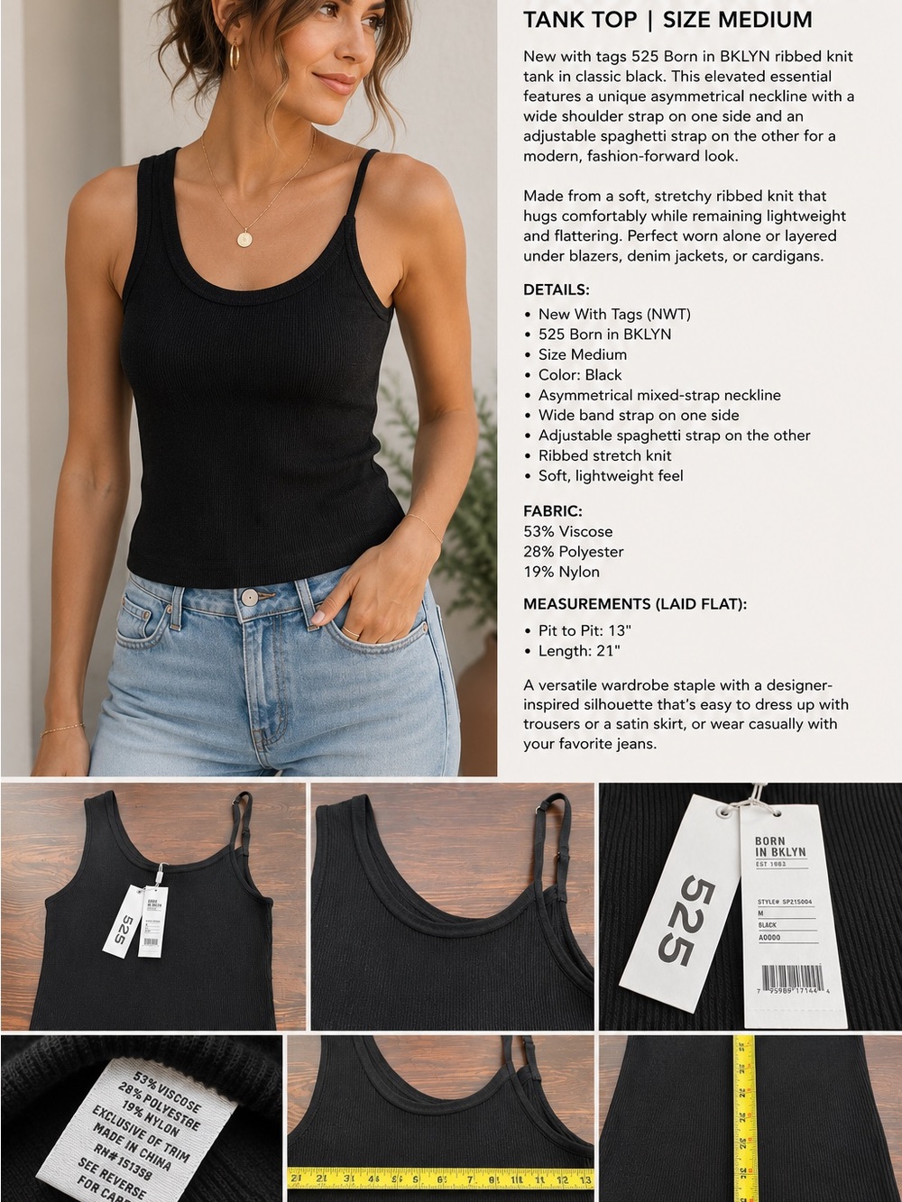 NWT 525 Born in BKLYN Black Ribbed Sweater Tank Top | Size Medium